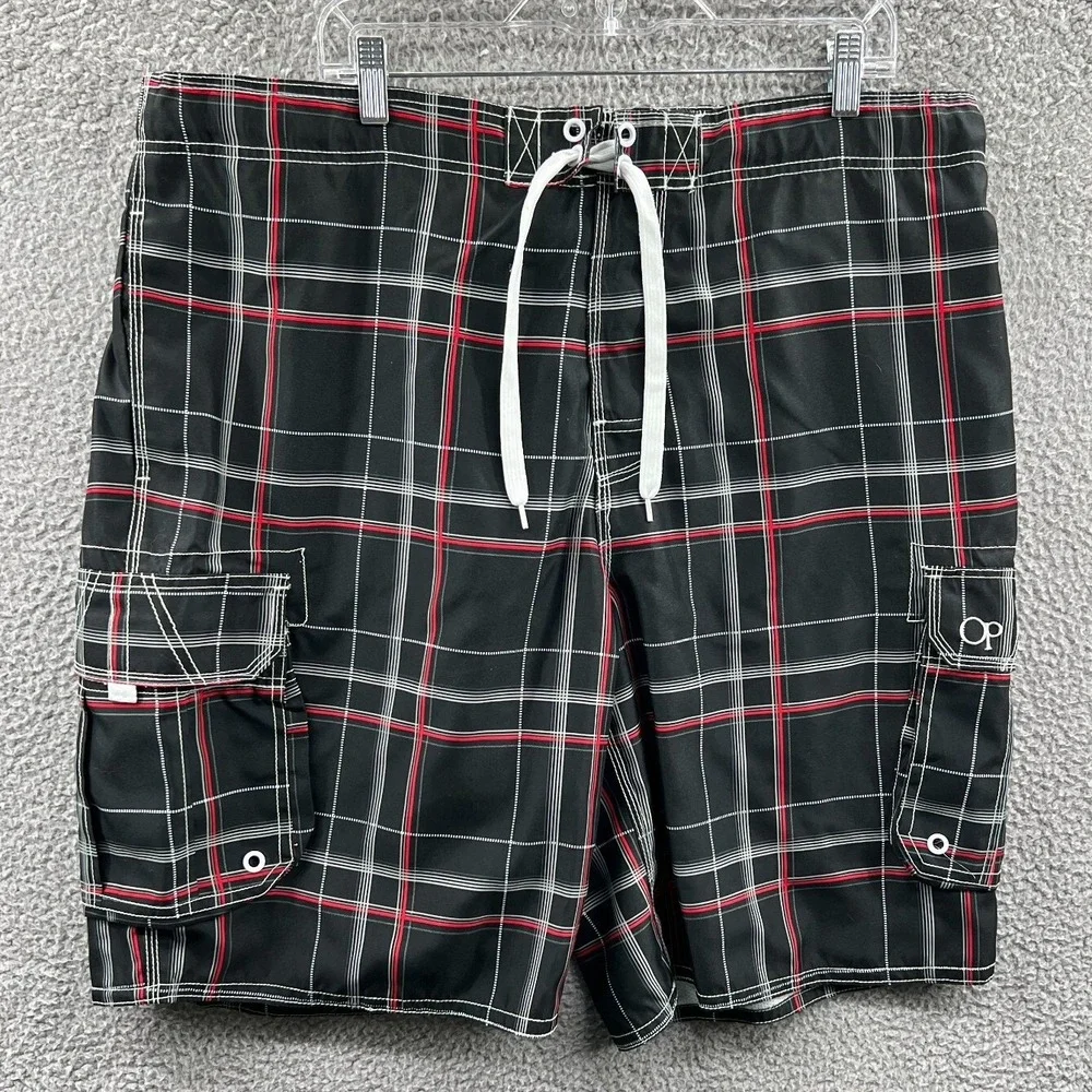 Ocean Pacific Men Board Shorts XL Plaid Coastal Nautical Cargo Swim Trunks Beach